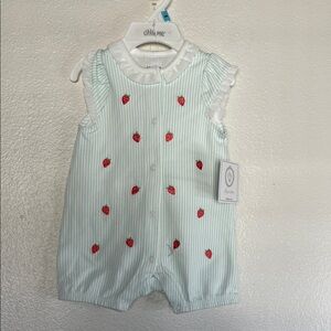 NWT Little Me Green and White Striped Romper with Red Strawberry Accents sz 6 m